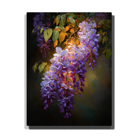 A close-up of vibrant wisteria clusters in shades of purple and lavender, surrounded by green leaves. The soft golden light highlights the intricate details of the flowers in this Paint by Numbers artwork.