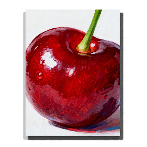 Close-up glossy red cherry with a green stem on a white tabletop, featuring bright highlights, deep crimson shadows, and painterly fruit texture.