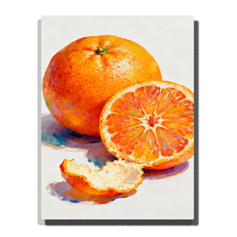 Bright orange fruit with a sliced half and peel on a white tabletop, featuring juicy citrus segments, glossy highlights, and soft blue-purple shadows.