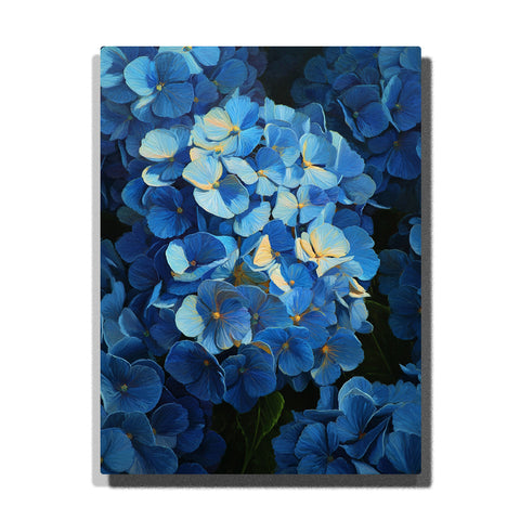 A close-up of blue hydrangea flowers with soft yellow accents, surrounded by green leaves. The petals are painted in varying shades of blue, creating depth and dimension in this Paint by Numbers artwork.