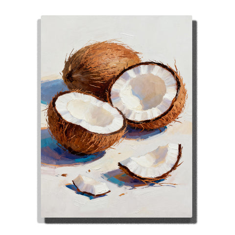 Cracked coconut with white flesh on a white tabletop, featuring rough brown shells, loose coconut pieces, hairy texture, and soft blue-gray shadows.