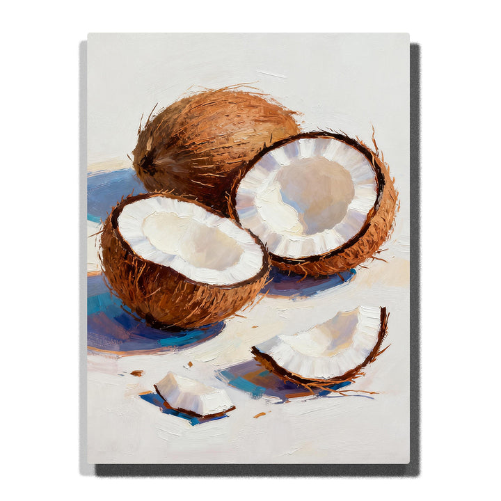 Cracked coconut with white flesh on a white tabletop, featuring rough brown shells, loose coconut pieces, hairy texture, and soft blue-gray shadows.