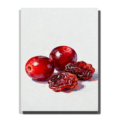 Glossy red cranberries with dried cranberry pieces on a white tabletop, featuring shiny highlights, burgundy folds, stem marks, and soft shadows.