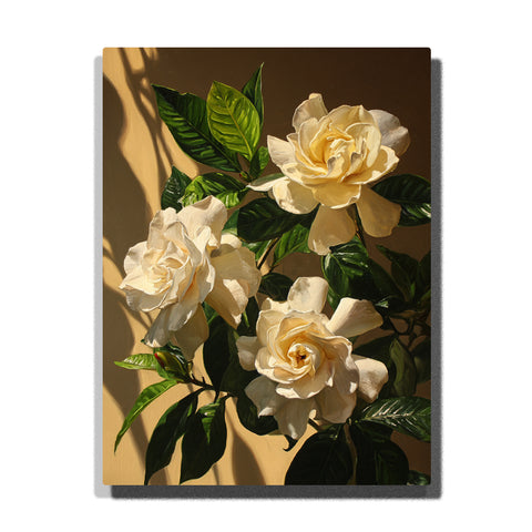 A close-up of creamy white gardenias with soft yellow centers, surrounded by vibrant green leaves. The sunlight casts a warm glow, highlighting the delicate texture and softness of the flowers.
