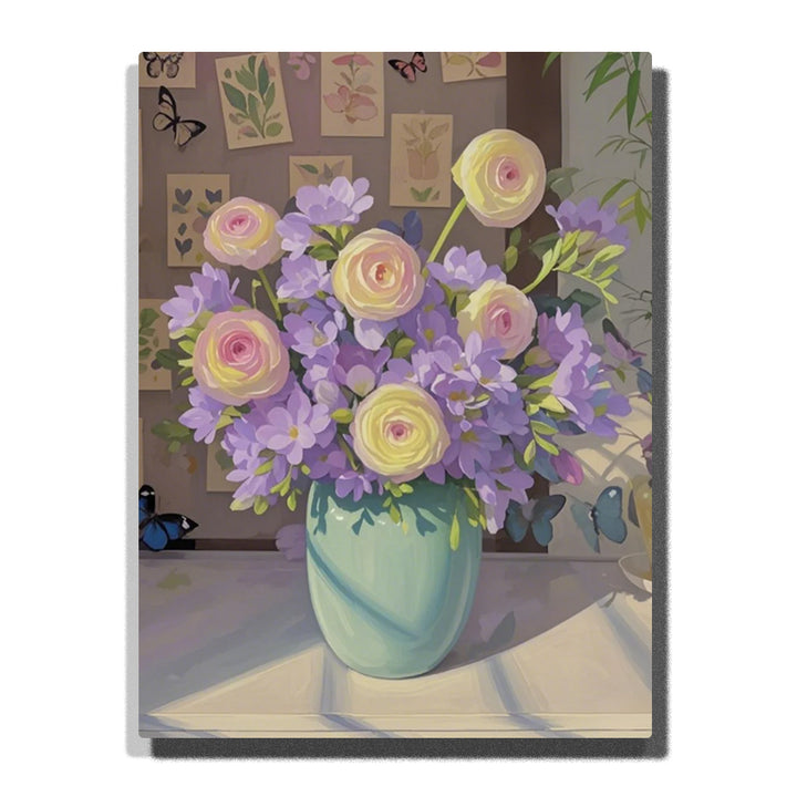 Pastel roses and lavender flowers in a blue vase on a sunlit table, with botanical wall cards and butterfly decorations in the background in this Paint by Numbers artwork.