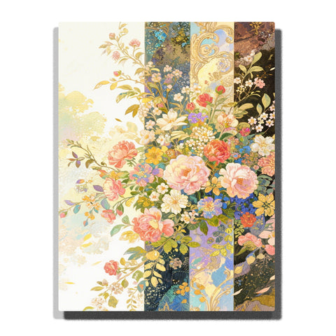 Pastel garden roses, small blossoms, and leafy branches layered over vertical ornamental pattern panels in cream, blue, gold, and dark tones in this Paint by Numbers artwork.