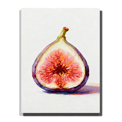 Sliced fig on a white tabletop, featuring purple skin, creamy flesh, pink seed center, green stem, warm highlights, and a soft side shadow.
