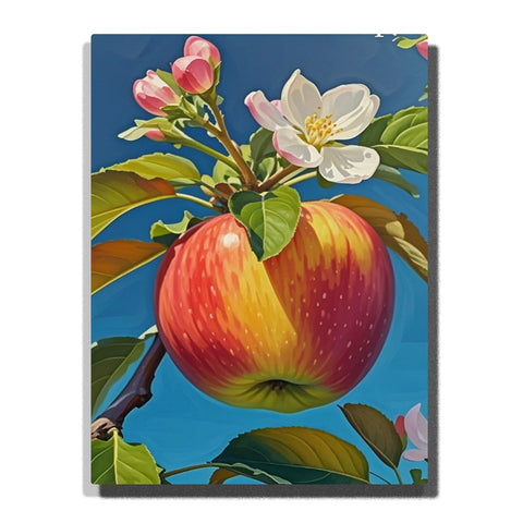 Red and golden apple hanging from a branch with white blossoms, pink buds, green leaves, brown stems, and a clear blue sky background.