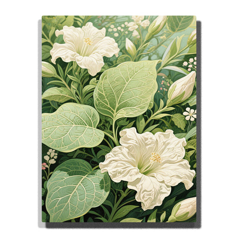 Creamy white gardenia flowers with curled petals, broad veined green leaves, and layered botanical foliage in this Paint by Numbers artwork.
