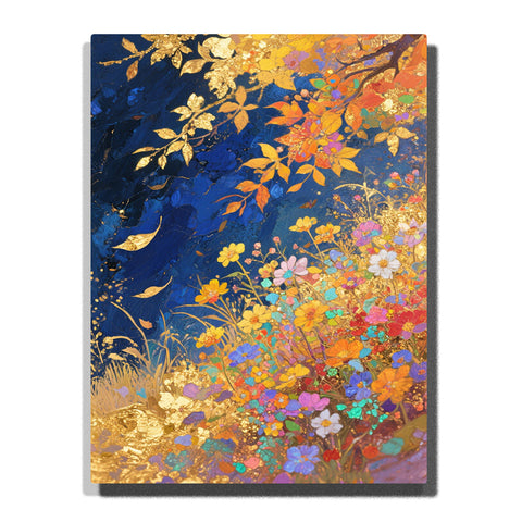 A vivid floral scene with golden autumn leaves, multicolored blossoms, and dark sapphire-blue branches against a deep blue background in this Paint by Numbers artwork.