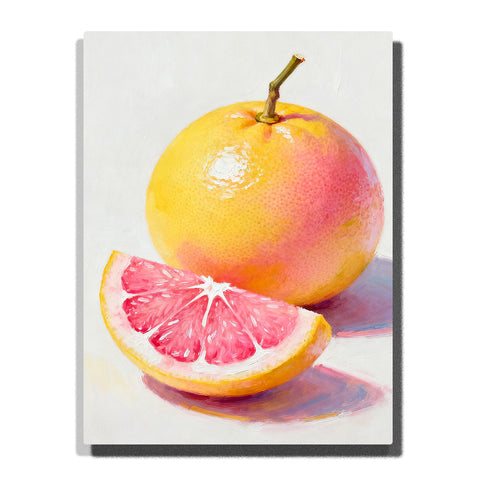 Pink grapefruit with a sliced wedge on a white tabletop, featuring yellow peel, coral-pink fruit flesh, glossy highlights, stem detail, and soft shadows.