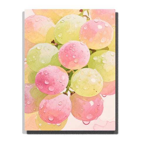 Pastel pink and yellow grape cluster with water droplets, featuring soft green stems, watercolor-style fruit colors, glossy highlights, and gentle overlapping shapes.