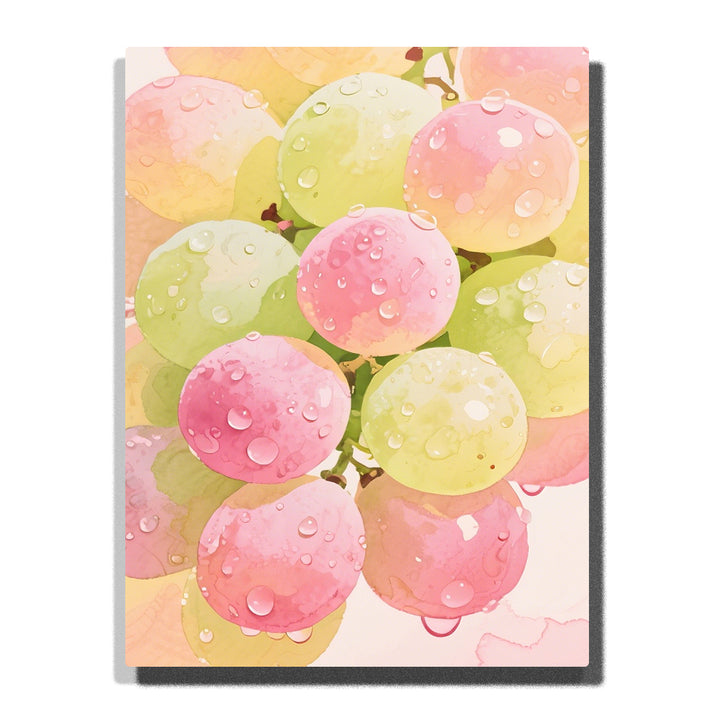 Pastel pink and yellow grape cluster with water droplets, featuring soft green stems, watercolor-style fruit colors, glossy highlights, and gentle overlapping shapes.