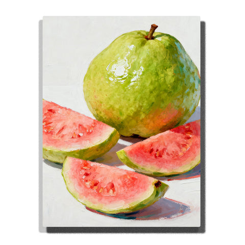 Green guava with pink fruit slices on a white tabletop, featuring coral flesh, pale green rind, seed details, glossy highlights, and soft shadows.
