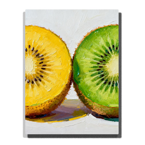 Close-up green and golden kiwi slices on a white tabletop, featuring dark seed rings, fuzzy brown peel edges, glossy highlights, and soft shadows.