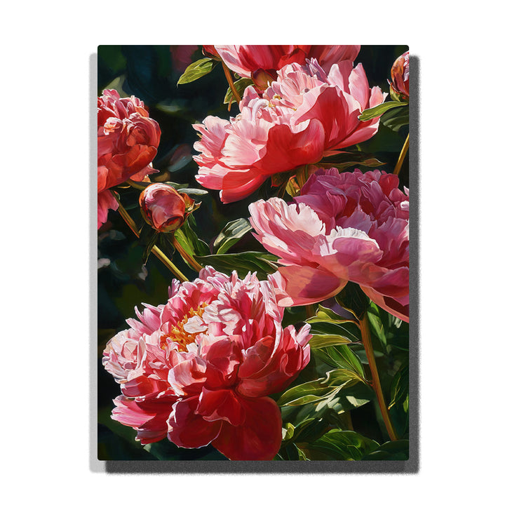 Peonies in Full Bloom with Green Leaves Paint by Numbers kit – vibrant pink peonies with soft pink petals and lush green leaves, perfect for mindful adults looking for a relaxing activity.