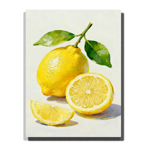 Bright yellow lemons with green leaves on a white tabletop, featuring a sliced lemon half, small wedge, glossy peel texture, and soft shadows.