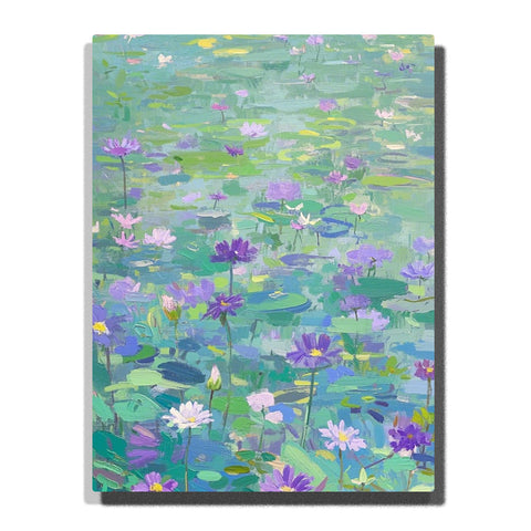 Purple and white water lilies floating among green lily pads across a soft reflective pond surface in this Paint by Numbers artwork.