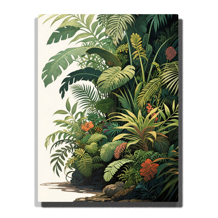 A dense tropical plant scene with layered green leaves, palm fronds, striped foliage, and small orange flowers against a light background in this Paint by Numbers artwork.