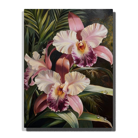 A close-up of pink and purple orchids with rich green leaves in the background. The intricate petals and yellow centers are beautifully highlighted in this Paint by Numbers artwork.