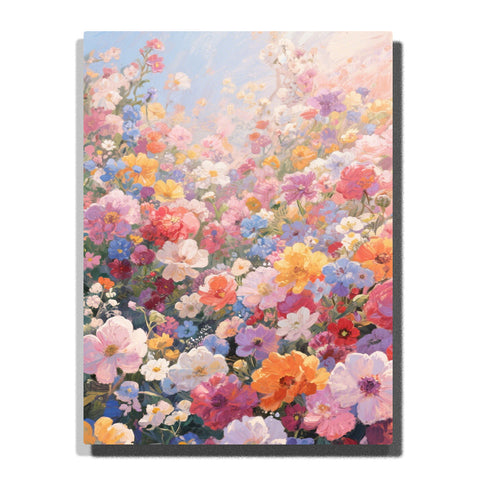 A pastel wildflower meadow with pink, peach, lavender, yellow, and white blossoms fading into soft misty light in this Paint by Numbers artwork.