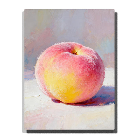 Soft pink peach with yellow blush on a white tabletop, featuring fuzzy fruit texture, pastel background, small stem hollow, and blue-purple shadow.