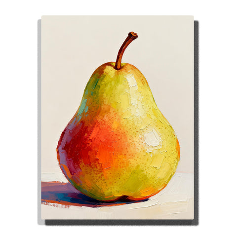 Yellow pear with red blush on a white tabletop, featuring green undertones, glossy highlights, a curved brown stem, and soft blue-purple shadow.