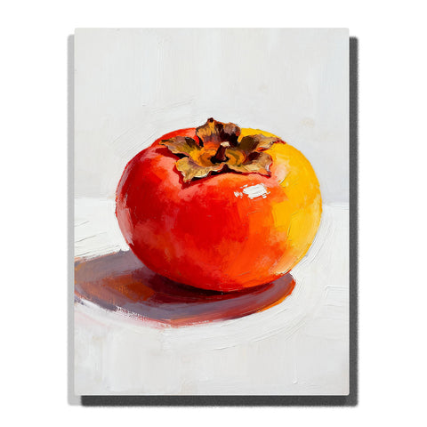 Glossy orange persimmon on a white tabletop, featuring red-orange skin, golden highlights, dried leafy crown, and a soft side shadow.