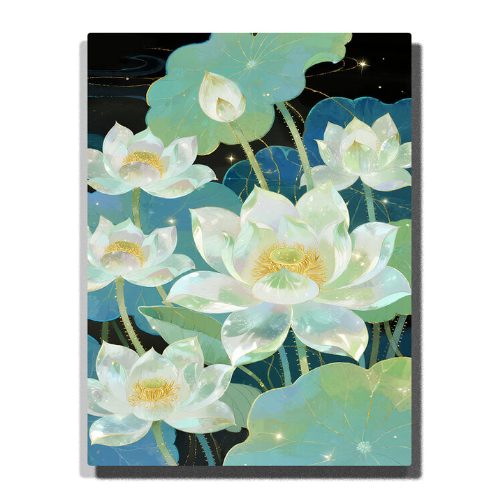 White lotus flowers with yellow centers floating among pale green lily pads over deep blue water in this Paint by Numbers artwork.