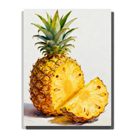 Golden pineapple with sliced wedges on a white tabletop, featuring green crown leaves, juicy yellow flesh, textured rind, and soft shadows.