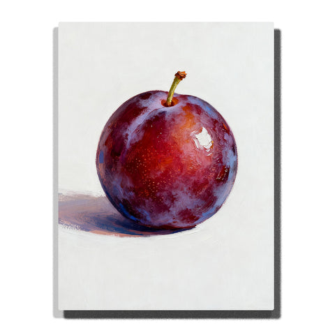 Glossy red plum on a white tabletop, featuring burgundy and purple tones, bright highlights, a small curved stem, and soft blue-purple shadow.