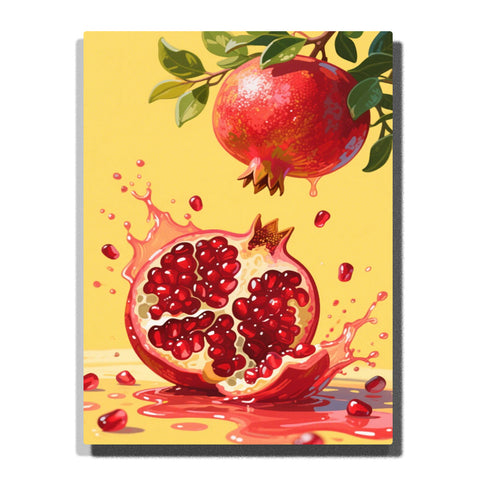 Burst pomegranate with glossy red seeds and juice splashes on a yellow background, featuring hanging fruit, green leaves, and scattered seeds.