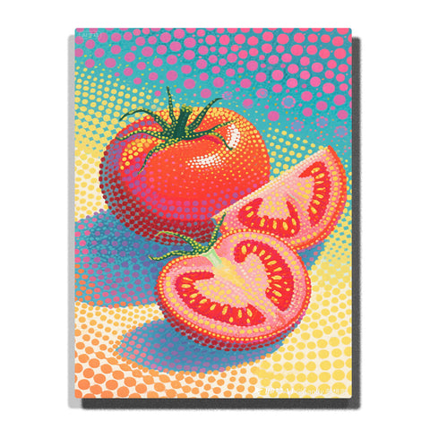 Halftone red tomato with sliced wedges on a colorful dotted background, featuring pink fruit flesh, yellow seeds, teal shadows, and pop-art styling.
