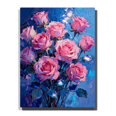Pink roses bouquet with glowing highlights and soft gradients on a deep blue background, ideal for Paint by Numbers kit by PaintEasy.