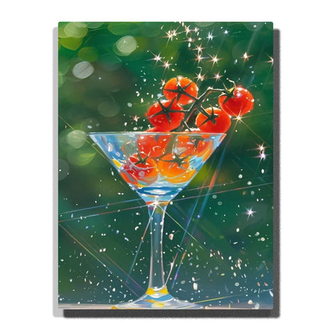 Cherry tomatoes in a martini glass with green vine stems, featuring glossy red fruit, transparent glass reflections, sparkling highlights, and a dark green background.