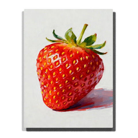 Glossy red strawberry with green leaves on a white tabletop, featuring yellow seed details, bright highlights, and a soft side shadow.