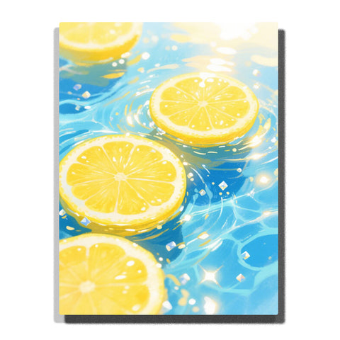 Yellow lemon slices floating on bright blue water, featuring citrus segment lines, pale rinds, sparkling highlights, water ripples, and a fresh summer style.