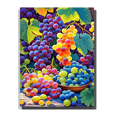 Colorful vineyard grape harvest with purple, blue, yellow, green, and pink grapes, large green leaves, wooden bowl, vine stems, and bright sunlight.