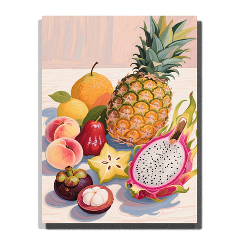 Tropical fruit table arrangement with pineapple, dragon fruit, starfruit, mangosteen, peaches, pear, and citrus, featuring bright colors and soft shadows.