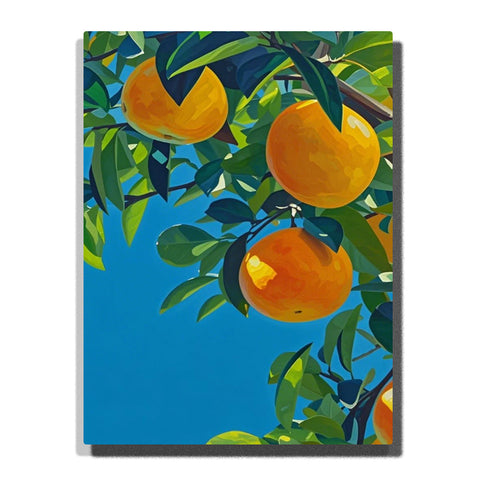 Orange fruits hanging from green tree branches against a bright blue sky, featuring glossy highlights, layered leaves, dark branches, and sunny citrus color.