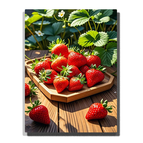 Fresh red strawberries on a wooden tray in a sunny garden setting, featuring green leaves, white blossoms, glossy berry highlights, and warm table shadows.