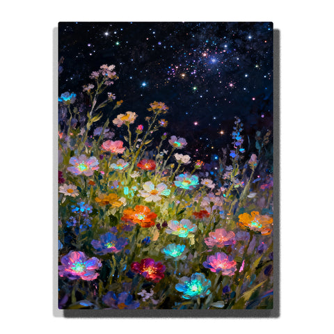 A colorful wildflower meadow with pink, orange, blue, and yellow blooms beneath a deep starry night sky in this Paint by Numbers artwork.