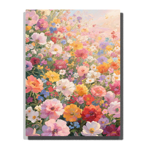 A dense pastel flower garden with pink, peach, yellow, and white blossoms glowing in soft morning light in this Paint by Numbers artwork.