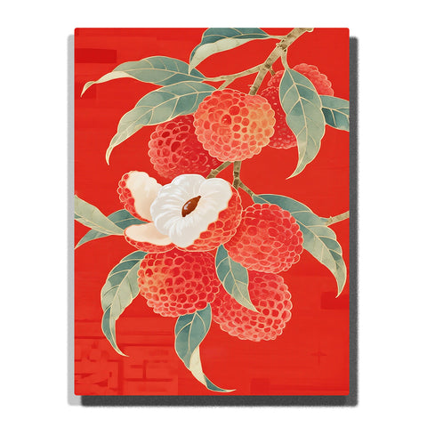 Red lychee branch with green leaves and one peeled white fruit, featuring clustered lychees, pale leaf veins, glossy seed detail, and bold red background.