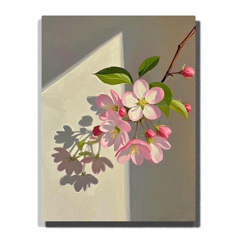 Pink apple blossoms with green leaves on a slender branch, casting a soft shadow across a sunlit gray wall in this Paint by Numbers artwork.