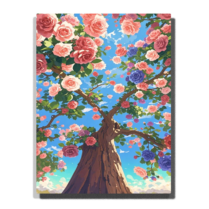 A rose-covered tree with pink, coral, cream, and lavender blossoms spreading across branches beneath a bright blue sky in this Paint by Numbers artwork.