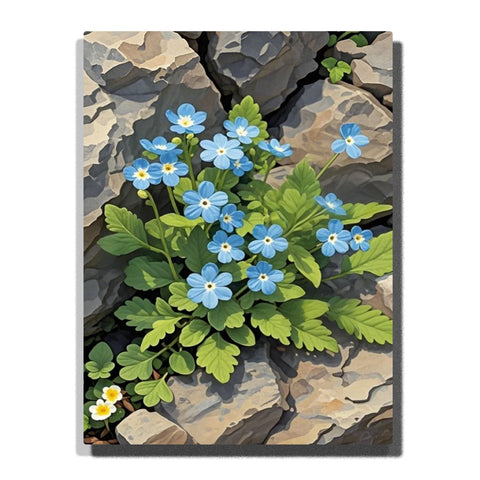 Blue forget-me-not flowers with yellow centers growing among green leaves and layered gray rocky stones in this Paint by Numbers artwork.