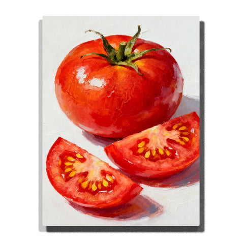 Glossy red tomato with two sliced wedges on a white tabletop, featuring yellow seed details, green leafy top, bright highlights, and soft shadows.