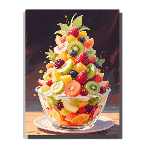 Colorful fruit salad bowl with strawberries, kiwi slices, oranges, blueberries, grapes, and banana pieces, featuring a glass dish and dark background.