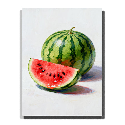 Green watermelon with a red sliced wedge on a white tabletop, featuring dark green stripes, black seeds, pale rind, glossy highlights, and soft shadows.